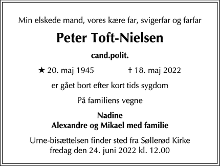 Dødsannoncen for Peter Toft-Nielsen - København