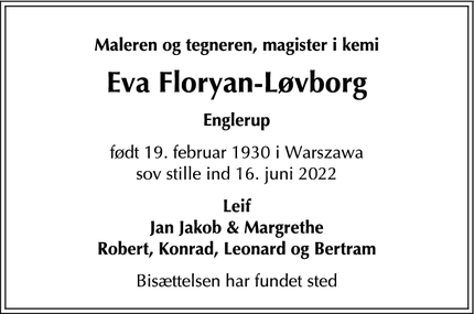 Dødsannoncen for Eva Floryan-Løvborg - Englerup