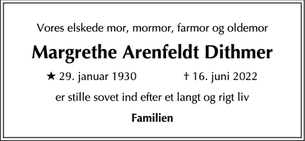 Dødsannoncen for Margrethe Arenfeldt Dithmer - Hørsholm