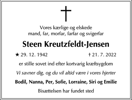 Dødsannoncen for Steen Kreutzfeldt-Jensen - Frederiksberg