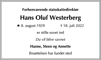 Dødsannoncen for Hans Oluf Westerberg - Lyngby