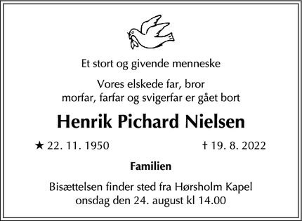 Dødsannoncen for Henrik Pichard Nielsen - Hørsholm