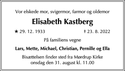 Dødsannoncen for Elisabeth Kastberg - Espergærde