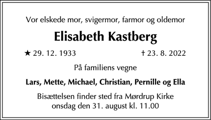 Dødsannoncen for Elisabeth Kastberg - Espergærde