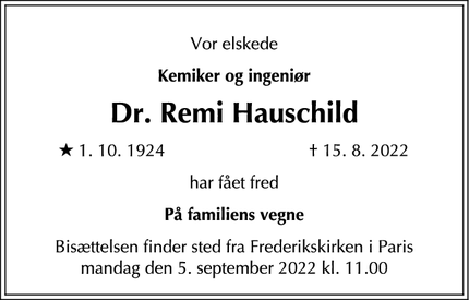 Dødsannoncen for Dr. Remi Hauschild - Paris (Frankrig)