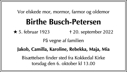 Dødsannoncen for Birthe Busch-Petersen - Riehen, Schweiz