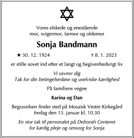 Dødsannoncen for Sonja Bandmann - Hellerup