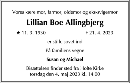 Dødsannoncen for Lillian Boe Allingbjerg - Rungsted Kyst