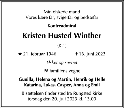 Dødsannoncen for Kristen Husted Winther - Dyssegaard