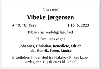 Dødsannoncen for Vibeke Jørgensen - Sorø