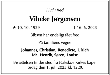 Dødsannoncen for Vibeke Jørgensen - Sorø