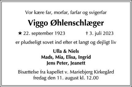 Dødsannoncen for Viggo Øhlenschlæger - Svendborg
