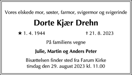 Dødsannoncen for Dorte Kjær Drehn - Farum