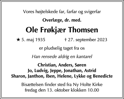 Dødsannoncen for Ole Frøkjær Thomsen - Holte