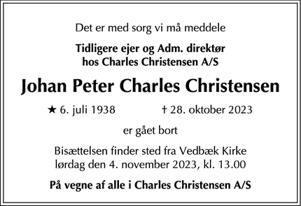 Dødsannoncen for Johan Peter Charles Christensen - Vedbæk