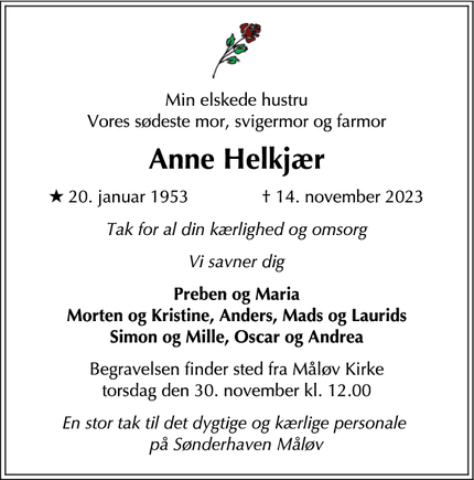 Dødsannoncen for Anne Helkjær - Måløv