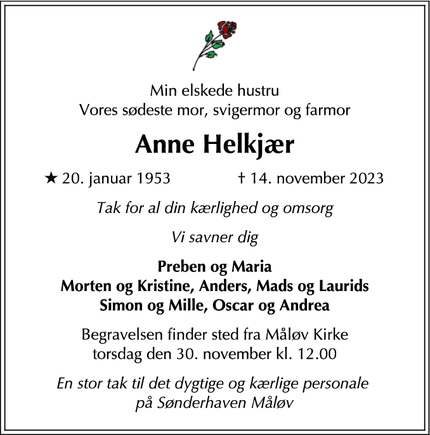 Dødsannoncen for Anne Helkjær - Måløv