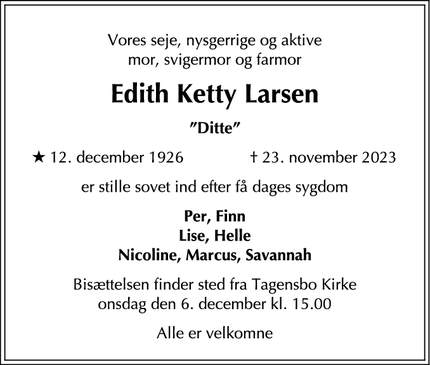 Dødsannoncen for Edith Ketty Larsen - Hellerup