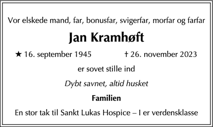 Dødsannoncen for Jan Kramhøft - Værløse