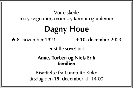 Dødsannoncen for Dagny Houe - Lyngby Tårbæk