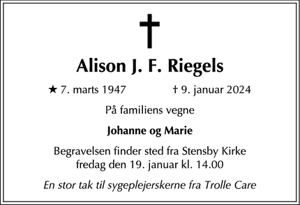 Dødsannoncen for Alison J. F. Riegels - Stensved