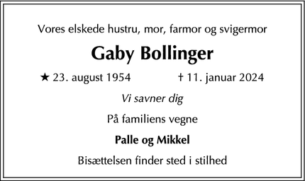 Dødsannoncen for Gaby Bollinger - Rågeleje