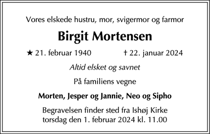 Dødsannoncen for Birgit Mortensen - Ishøj