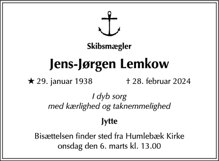 Dødsannoncen for Jens-Jørgen Lemkow - Humlebæk