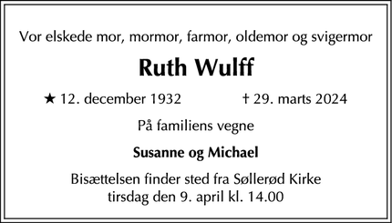 Dødsannoncen for Ruth Wulff - Lyngby