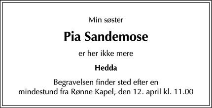 Dødsannoncen for Pia Sandemose - Rønne