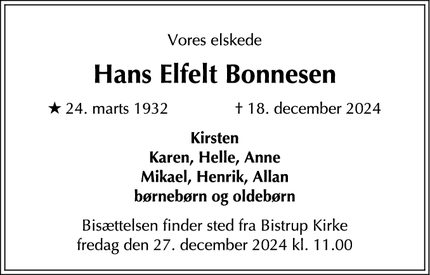Dødsannoncen for Hans Elfelt Bonnesen - Bistrup, Birkerød, Rudersdal