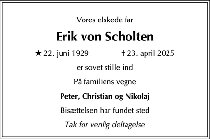 Dødsannoncen for Erik von Scholten - Vanløse