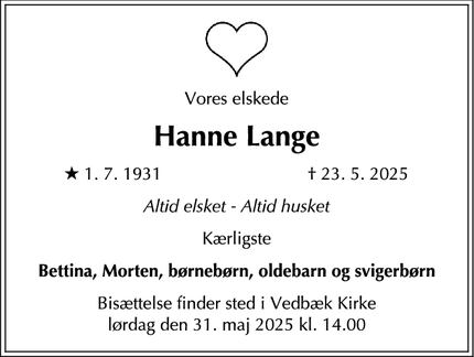 Dødsannoncen for Hanne Lange - Nærum
