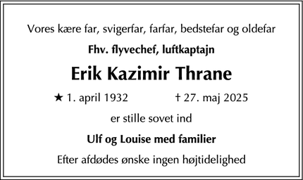 Dødsannoncen for Erik Kazimir Thrane - Sorø