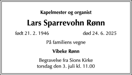 Dødsannoncen for Lars Sparrevohn Rønn - Birkerød