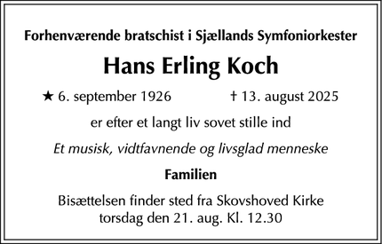 Dødsannoncen for Hans Erling Koch - 2920 Charlottenlund