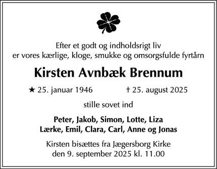Dødsannoncen for Kirsten Avnbæk Brennum - Gentofte