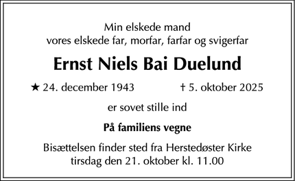 Dødsannoncen for Ernst Niels Bai Duelund - Albertslund