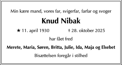 Dødsannoncen for Knud Nibak - Gentofte