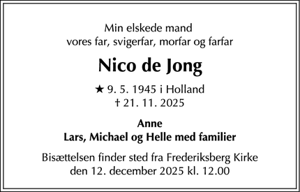 Dødsannoncen for Nico de Jong - Nørre Alslev
