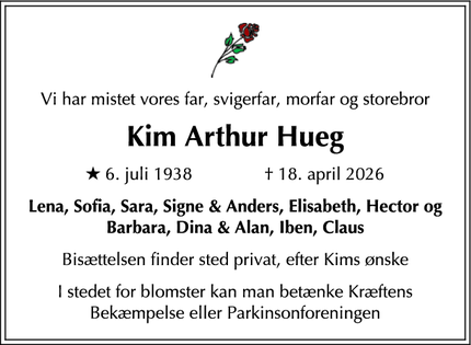 Dødsannoncen for Kim Arthur Hueg - Hørsholm