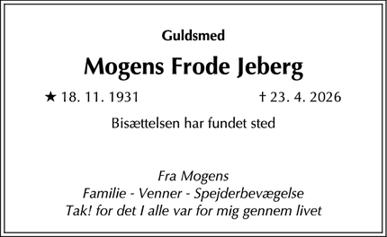Dødsannoncen for Mogens Frode Jeberg - Kastrup