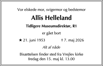 Dødsannoncen for Allis Helleland - Børglum
