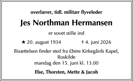 Dødsannoncen for Jes Northman Hermansen - Greve