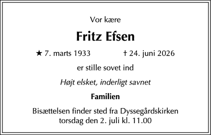 Dødsannoncen for Fritz Efsen - Gentofte