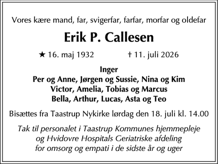 Dødsannoncen for Erik P. Callesen - Frederiksberg