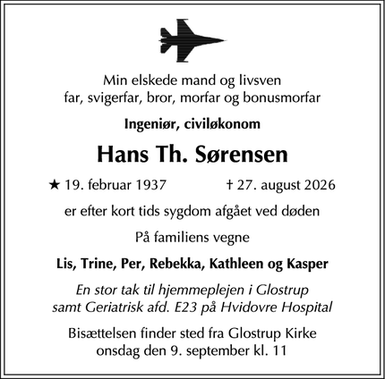 Dødsannoncen for Hans Th. S&oslash;rensen - Glostrup