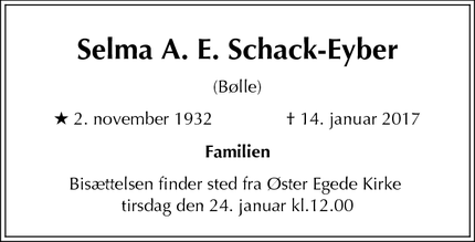 Dødsannoncen for Selma A. E. Schack-Eyber - Faxe