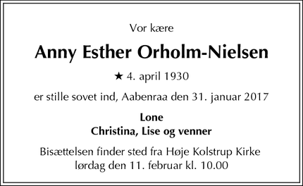 Dødsannoncen for Anny Esther Orholm-Nielsen - Aabenraa