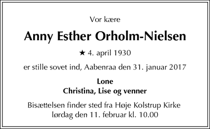 Dødsannoncen for Anny Esther Orholm-Nielsen - Aabenraa